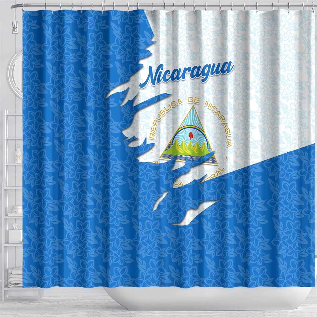 Nicaragua Flag Ripped Effect Shower Curtain with National Emblem and Floral Pattern Design - Wonder Print Shop