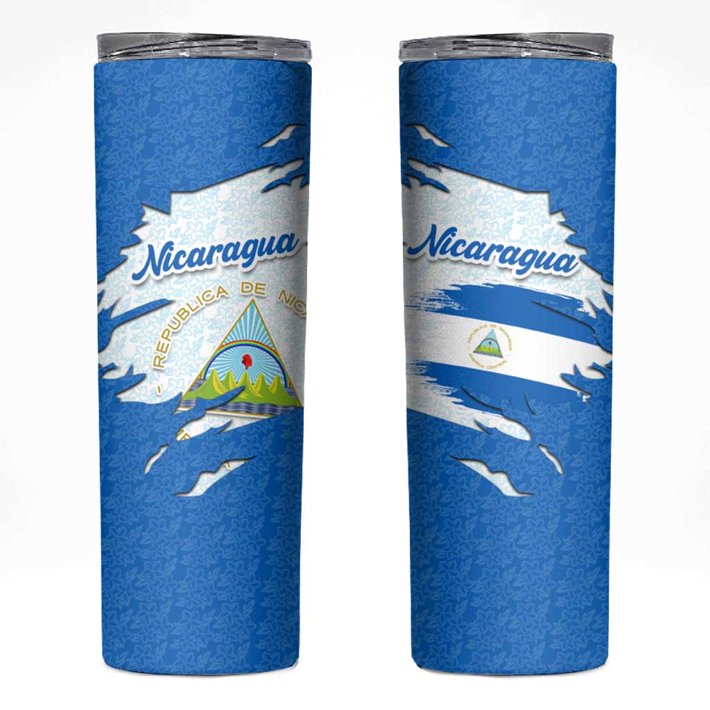 Nicaragua Flag Ripped Effect Skinny Tumbler with National Emblem and Floral Pattern Design - Wonder Print Shop