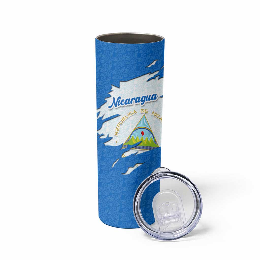 Nicaragua Flag Ripped Effect Skinny Tumbler with National Emblem and Floral Pattern Design - Wonder Print Shop
