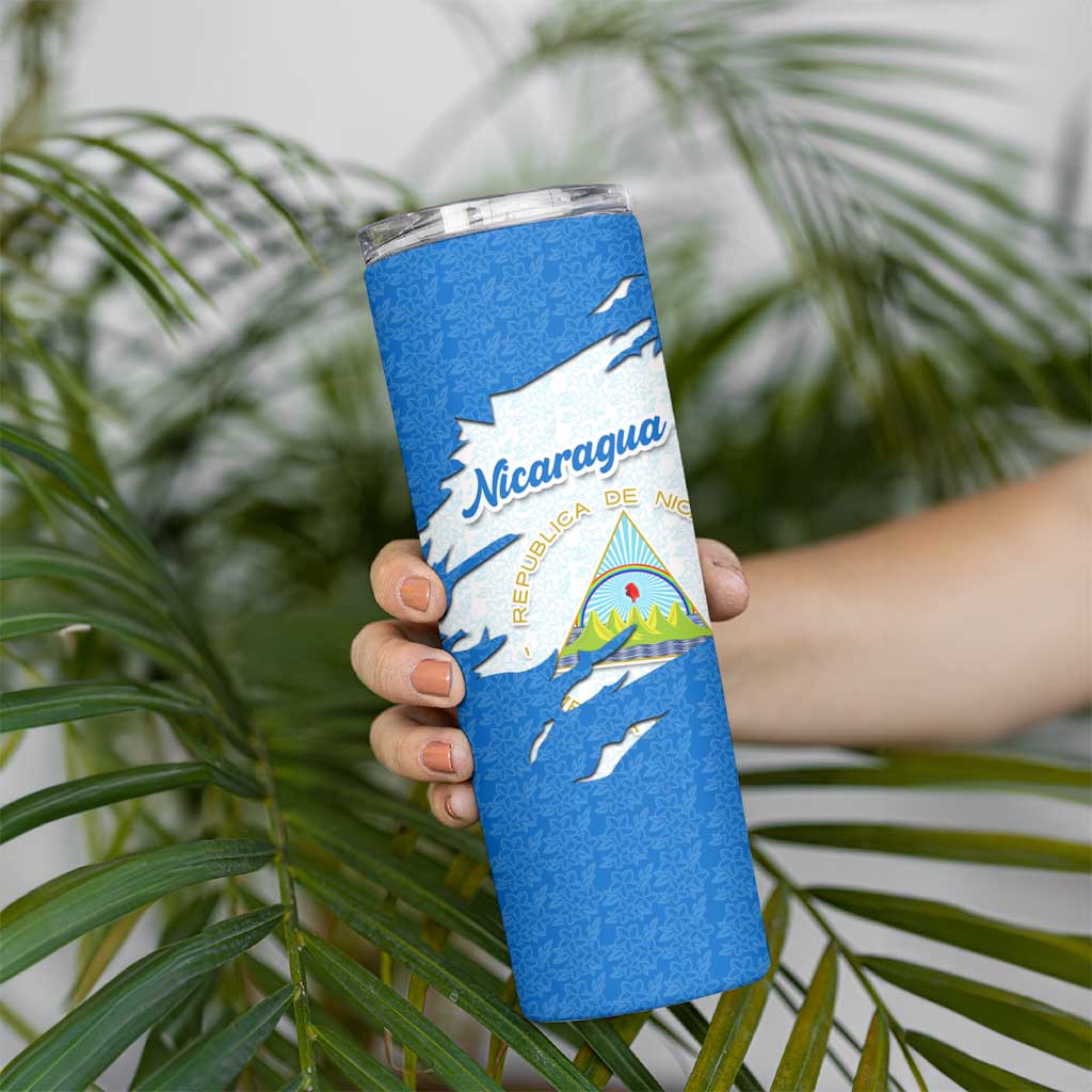 Nicaragua Flag Ripped Effect Skinny Tumbler with National Emblem and Floral Pattern Design - Wonder Print Shop