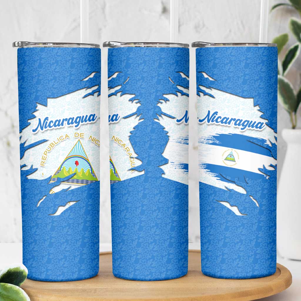 Nicaragua Flag Ripped Effect Skinny Tumbler with National Emblem and Floral Pattern Design - Wonder Print Shop