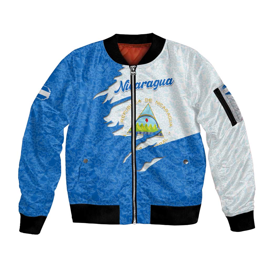 Nicaragua Flag Ripped Effect Sleeve Zip Bomber Jacket with National Emblem and Floral Pattern Design - Wonder Print Shop