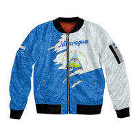 Nicaragua Flag Ripped Effect Sleeve Zip Bomber Jacket with National Emblem and Floral Pattern Design - Wonder Print Shop
