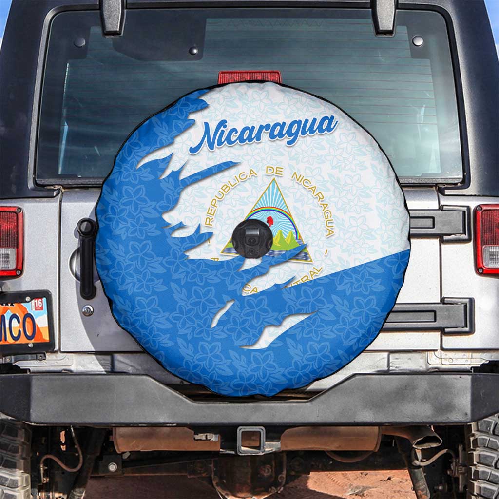 Nicaragua Flag Ripped Effect Spare Tire Cover with National Emblem and Floral Pattern Design - Wonder Print Shop