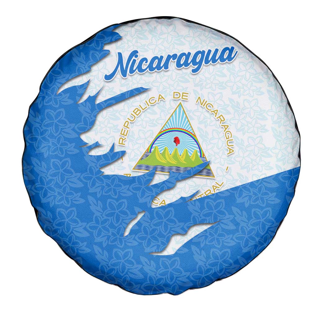 Nicaragua Flag Ripped Effect Spare Tire Cover with National Emblem and Floral Pattern Design - Wonder Print Shop