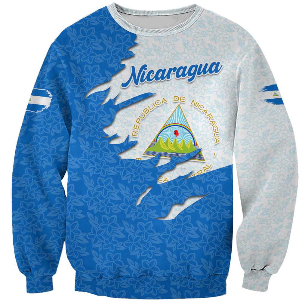 Nicaragua Flag Ripped Effect Sweatshirt with National Emblem and Floral Pattern Design - Wonder Print Shop