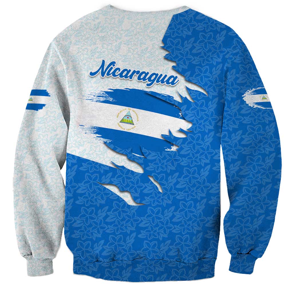 Nicaragua Flag Ripped Effect Sweatshirt with National Emblem and Floral Pattern Design - Wonder Print Shop