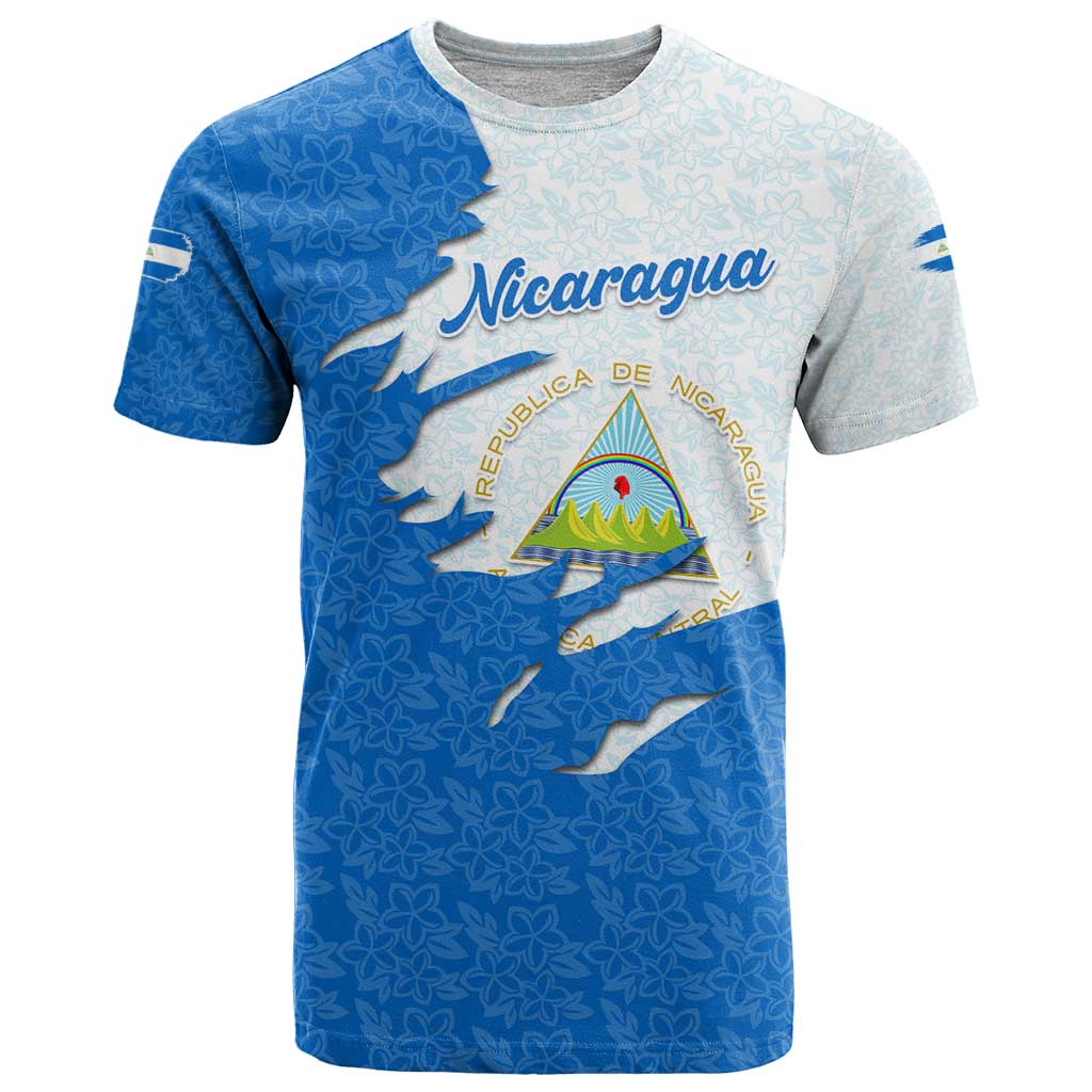Nicaragua Flag Ripped Effect T Shirt with National Emblem and Floral Pattern Design - Wonder Print Shop