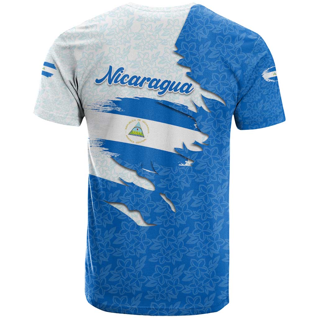Nicaragua Flag Ripped Effect T Shirt with National Emblem and Floral Pattern Design - Wonder Print Shop