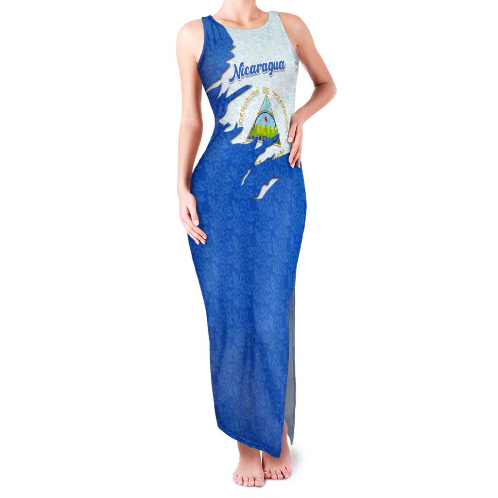 Nicaragua Flag Ripped Effect Tank Maxi Dress with National Emblem and Floral Pattern Design - Wonder Print Shop