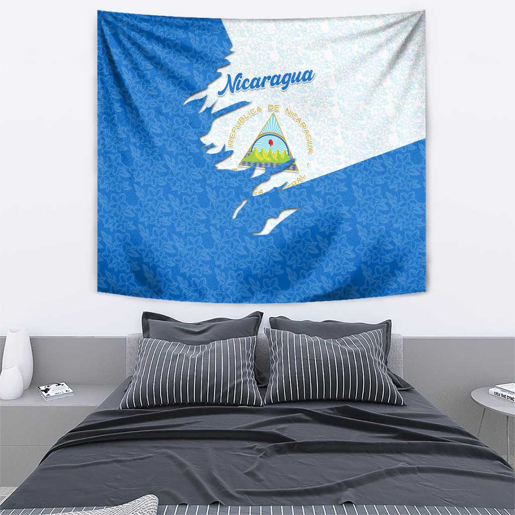 Nicaragua Flag Ripped Effect Tapestry with National Emblem and Floral Pattern Design - Wonder Print Shop