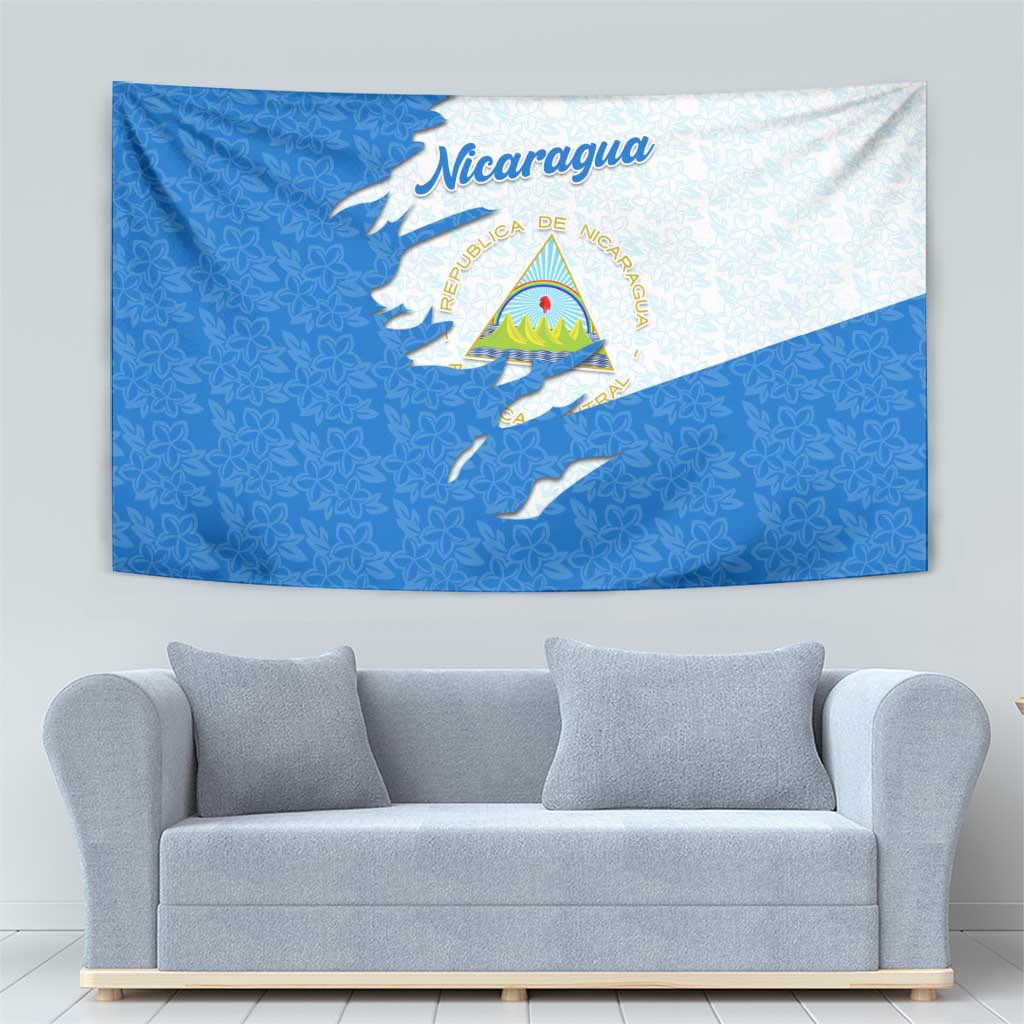 Nicaragua Flag Ripped Effect Tapestry with National Emblem and Floral Pattern Design - Wonder Print Shop