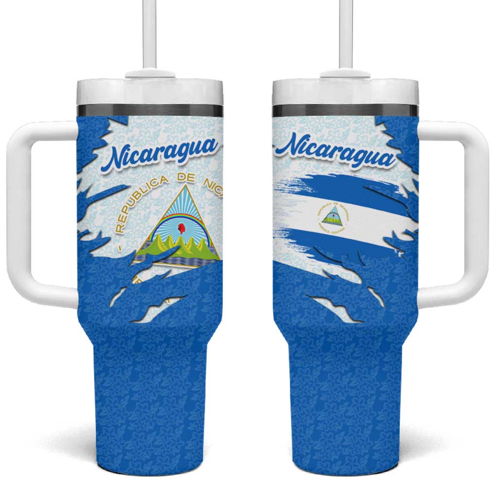 Nicaragua Flag Ripped Effect Tumbler With Handle with National Emblem and Floral Pattern Design - Wonder Print Shop