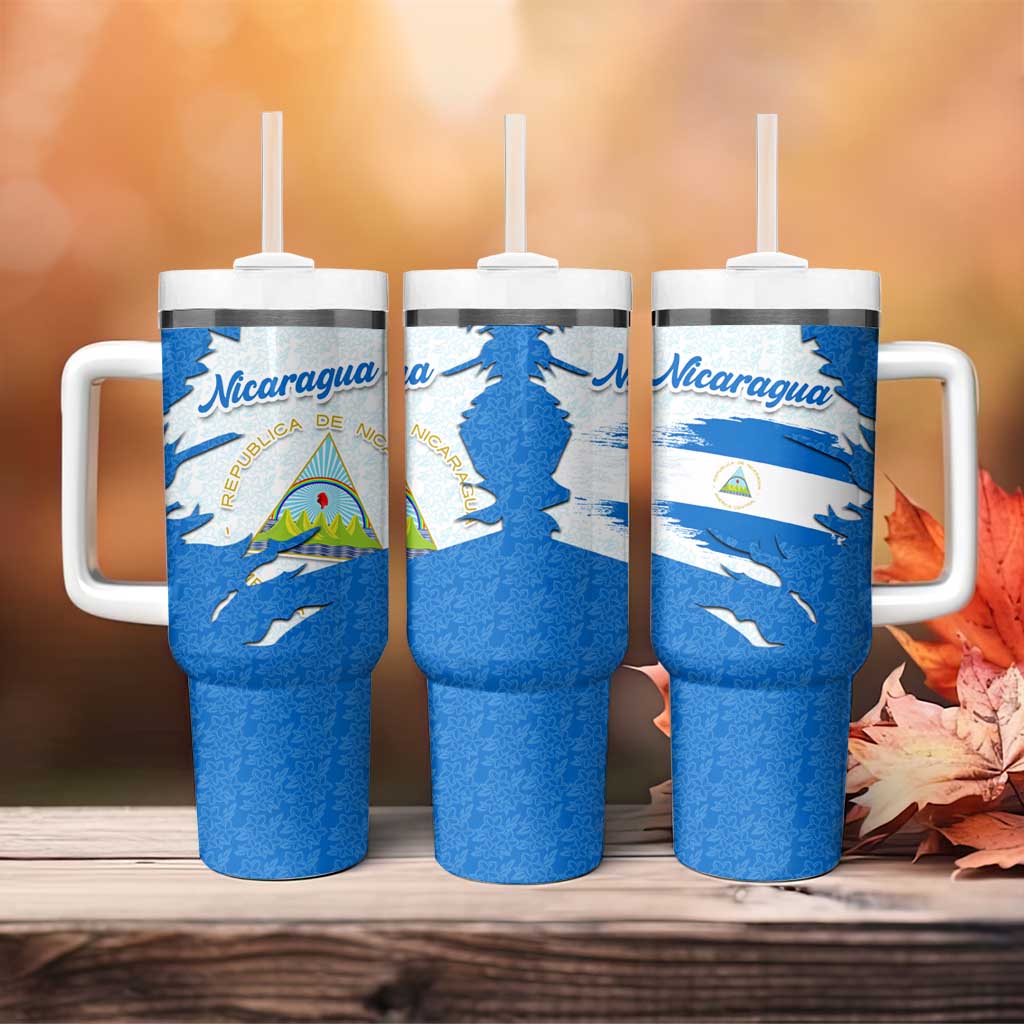 Nicaragua Flag Ripped Effect Tumbler With Handle with National Emblem and Floral Pattern Design - Wonder Print Shop