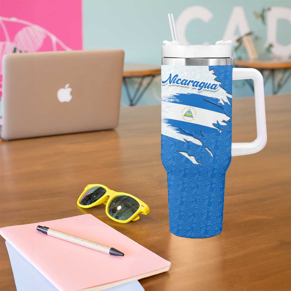 Nicaragua Flag Ripped Effect Tumbler With Handle with National Emblem and Floral Pattern Design - Wonder Print Shop