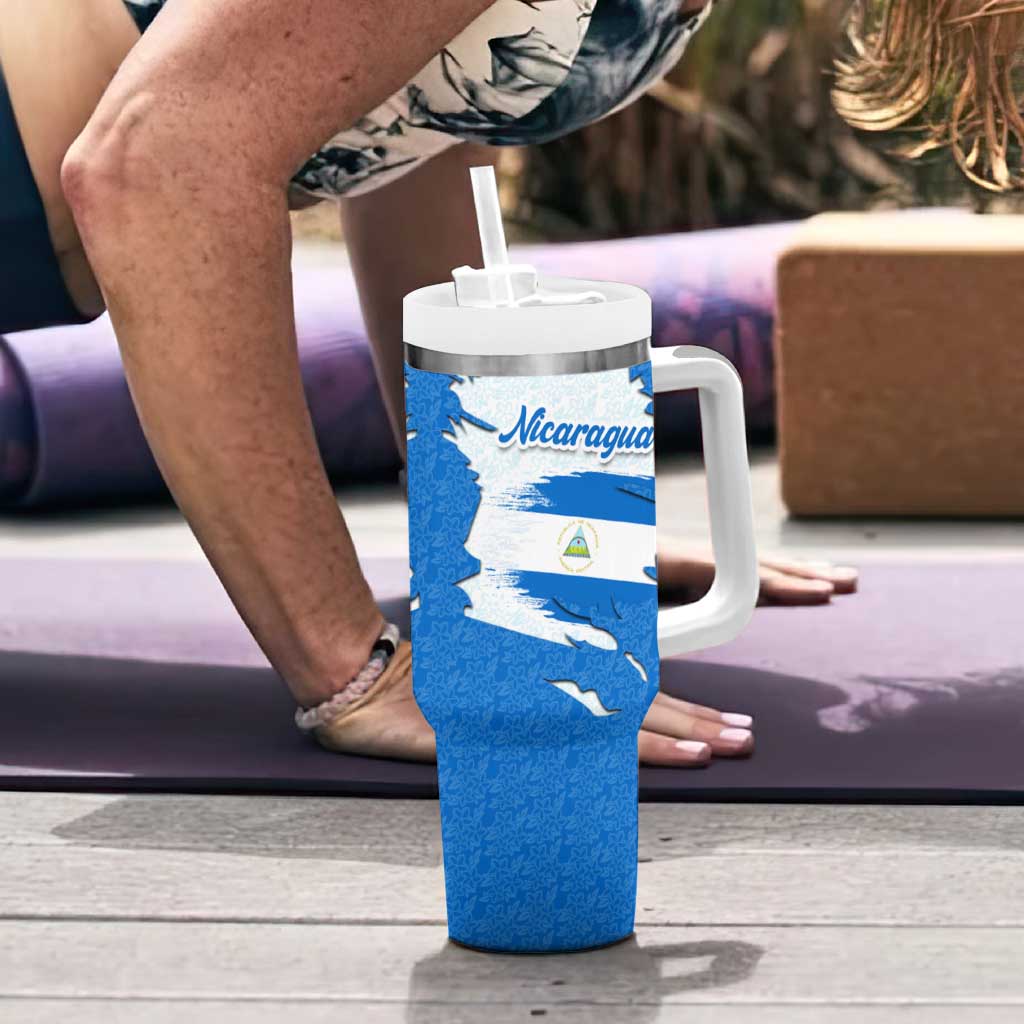 Nicaragua Flag Ripped Effect Tumbler With Handle with National Emblem and Floral Pattern Design - Wonder Print Shop