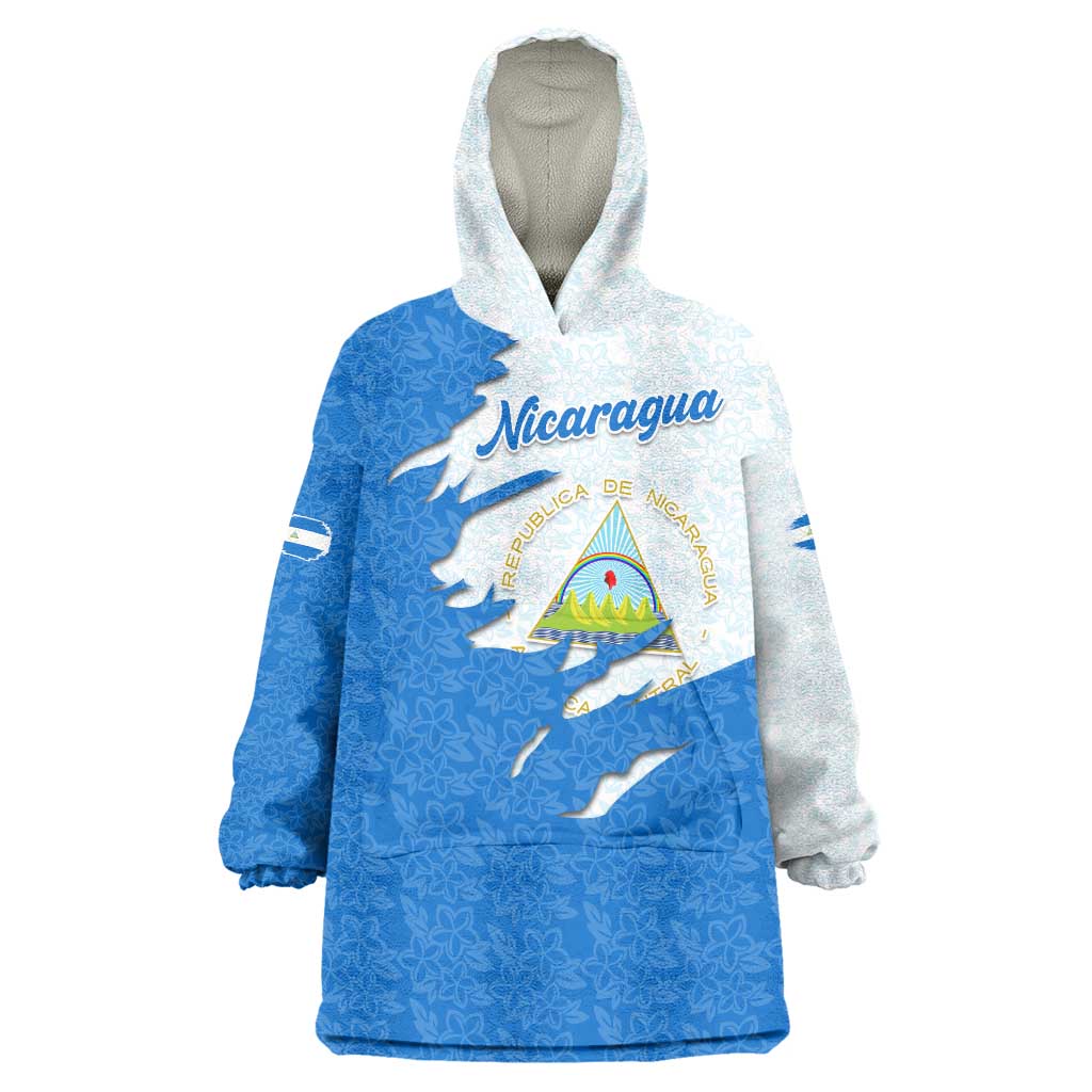 Nicaragua Flag Ripped Effect Wearable Blanket Hoodie with National Emblem and Floral Pattern Design - Wonder Print Shop