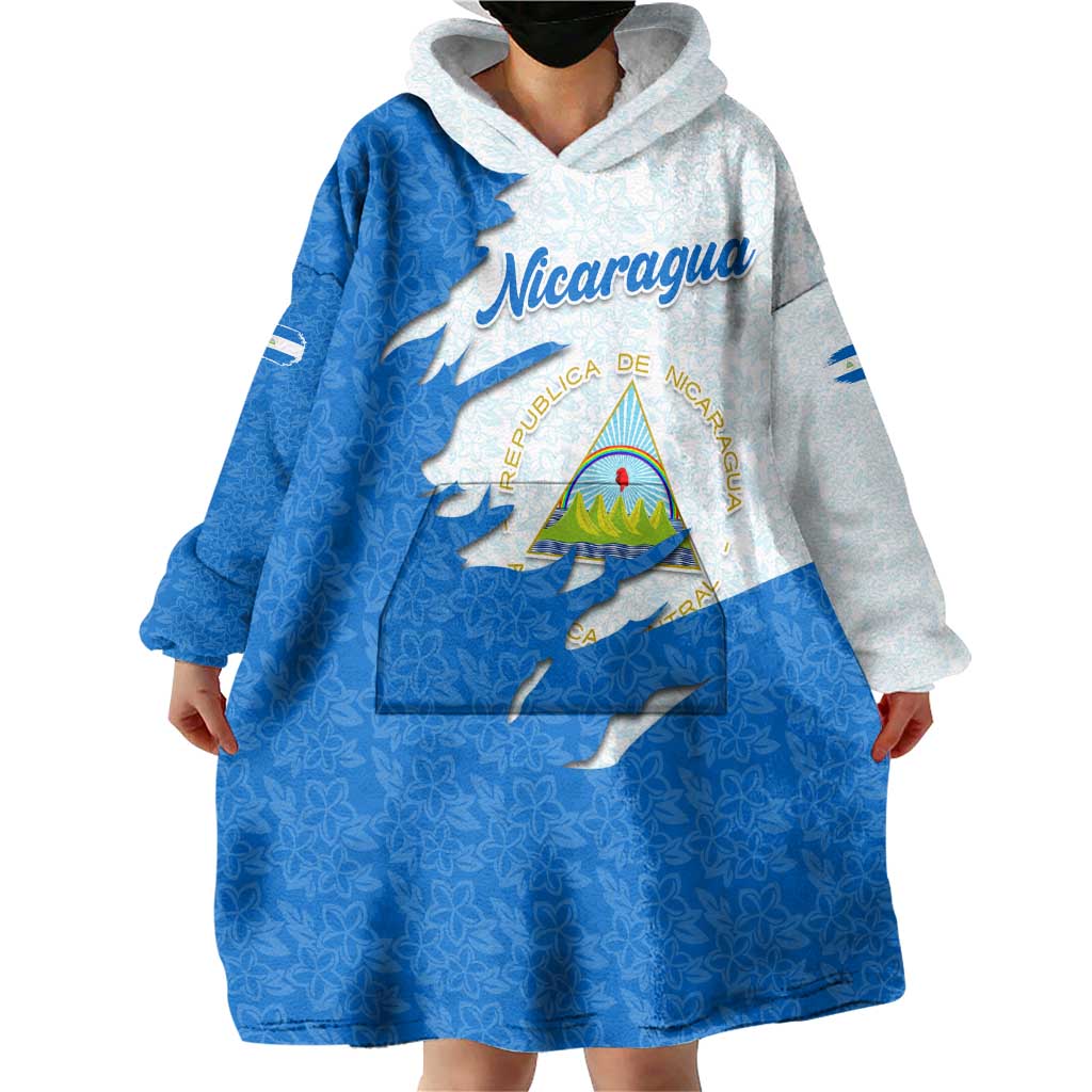 Nicaragua Flag Ripped Effect Wearable Blanket Hoodie with National Emblem and Floral Pattern Design - Wonder Print Shop