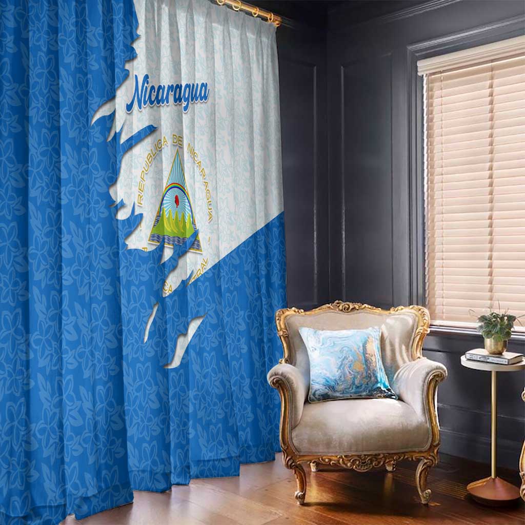 Nicaragua Flag Ripped Effect Window Curtain with National Emblem and Floral Pattern Design - Wonder Print Shop