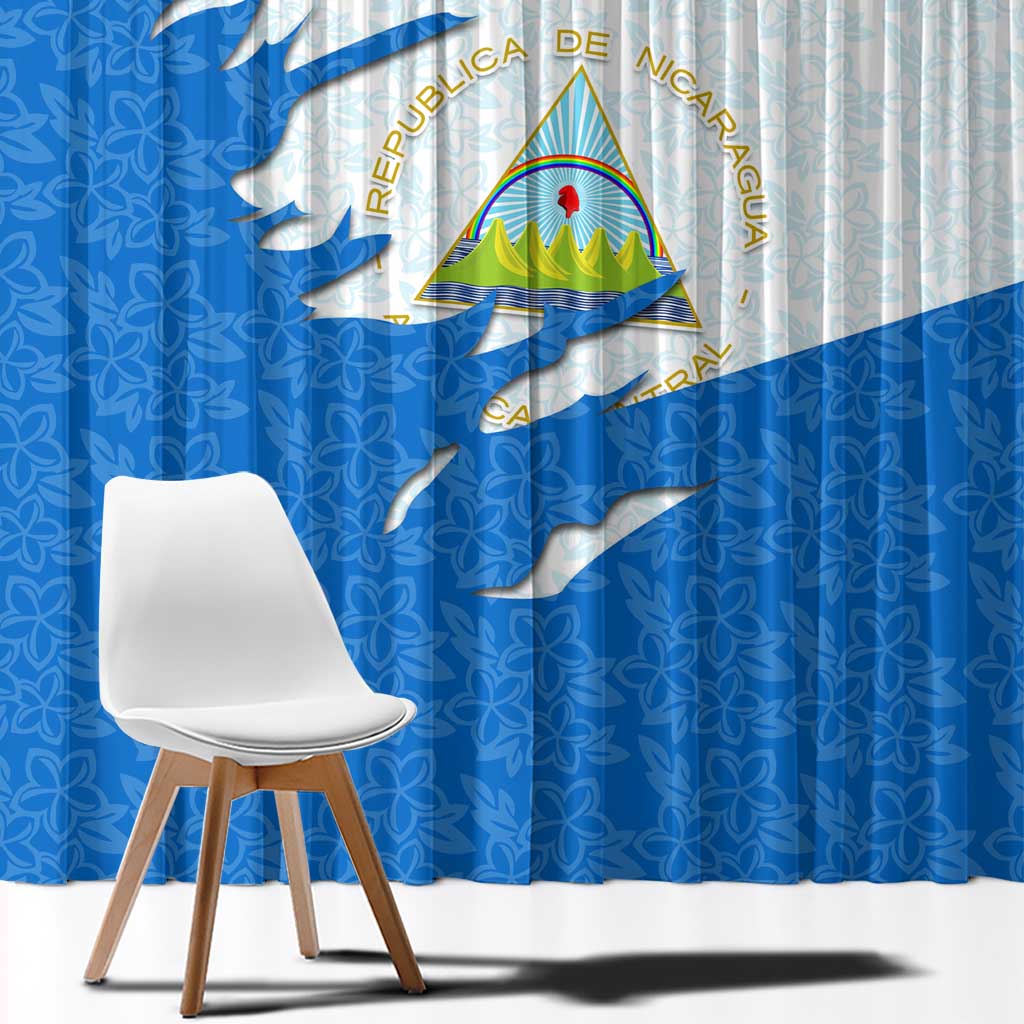 Nicaragua Flag Ripped Effect Window Curtain with National Emblem and Floral Pattern Design - Wonder Print Shop
