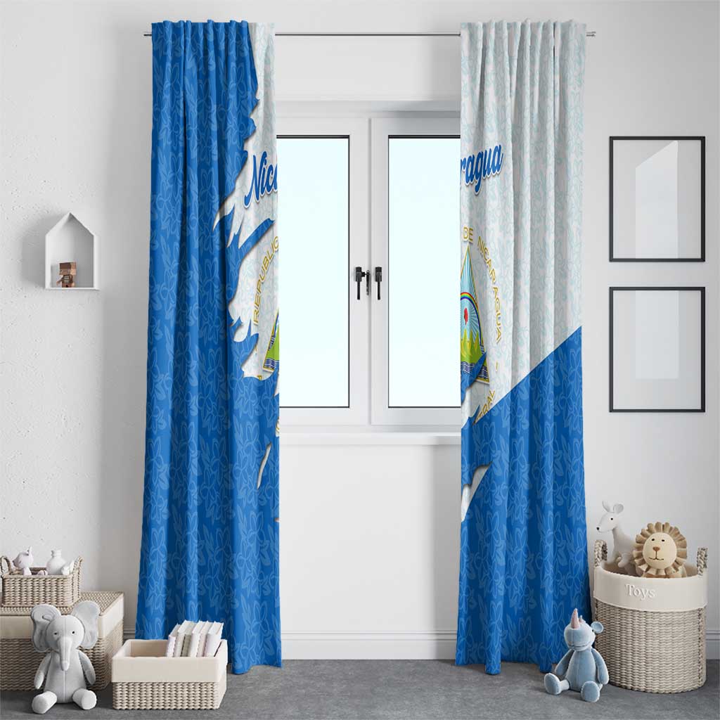 Nicaragua Flag Ripped Effect Window Curtain with National Emblem and Floral Pattern Design - Wonder Print Shop