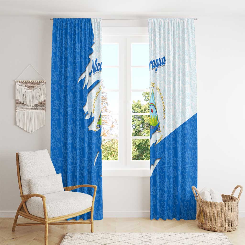 Nicaragua Flag Ripped Effect Window Curtain with National Emblem and Floral Pattern Design - Wonder Print Shop