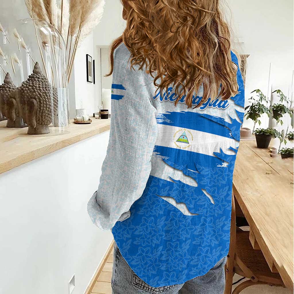 Nicaragua Flag Ripped Effect Women Casual Shirt with National Emblem and Floral Pattern Design - Wonder Print Shop