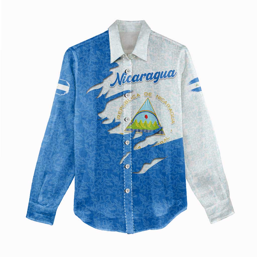 Nicaragua Flag Ripped Effect Women Casual Shirt with National Emblem and Floral Pattern Design - Wonder Print Shop