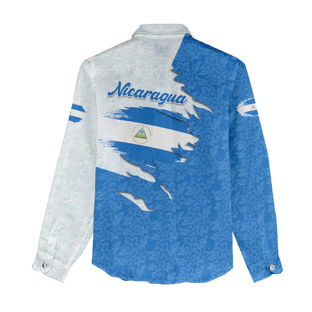 Nicaragua Flag Ripped Effect Women Casual Shirt with National Emblem and Floral Pattern Design - Wonder Print Shop