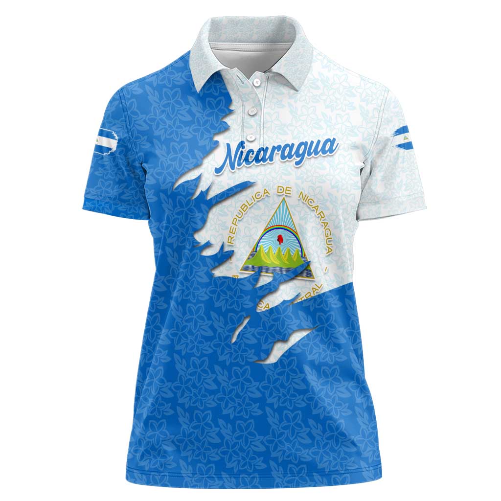 Nicaragua Flag Ripped Effect Women Polo Shirt with National Emblem and Floral Pattern Design - Wonder Print Shop