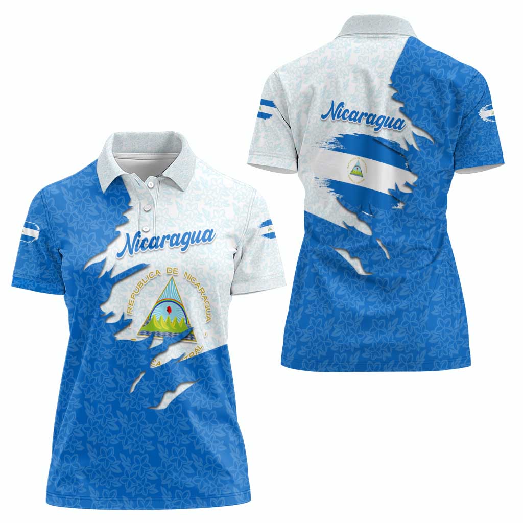 Nicaragua Flag Ripped Effect Women Polo Shirt with National Emblem and Floral Pattern Design - Wonder Print Shop