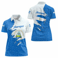 Nicaragua Flag Ripped Effect Women Polo Shirt with National Emblem and Floral Pattern Design - Wonder Print Shop