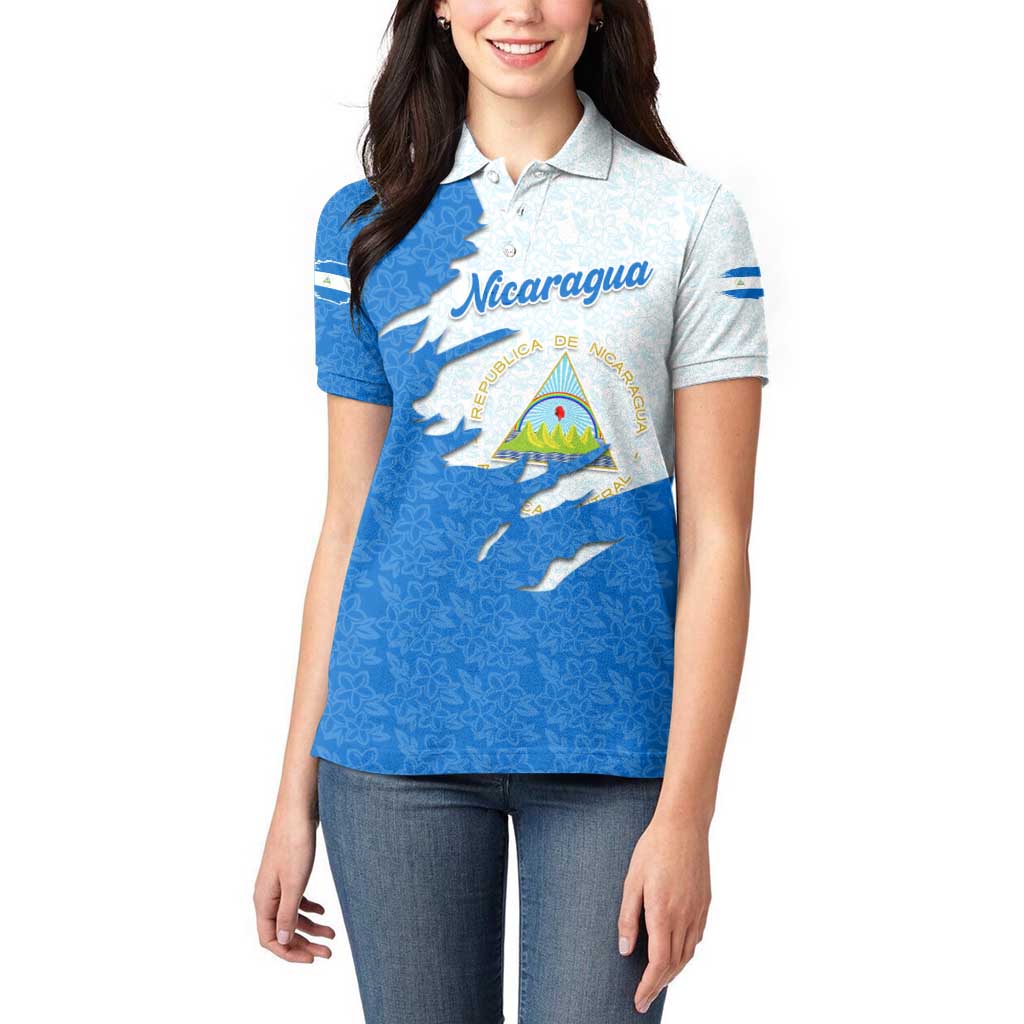 Nicaragua Flag Ripped Effect Women Polo Shirt with National Emblem and Floral Pattern Design - Wonder Print Shop