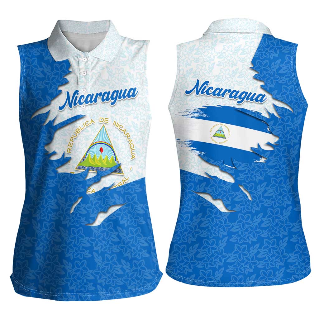 Nicaragua Flag Ripped Effect Women Sleeveless Polo Shirt with National Emblem and Floral Pattern Design - Wonder Print Shop