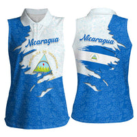 Nicaragua Flag Ripped Effect Women Sleeveless Polo Shirt with National Emblem and Floral Pattern Design - Wonder Print Shop