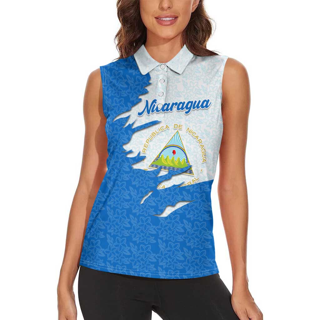 Nicaragua Flag Ripped Effect Women Sleeveless Polo Shirt with National Emblem and Floral Pattern Design - Wonder Print Shop
