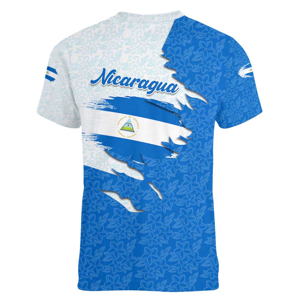 Nicaragua Flag Ripped Effect Women V-Neck T-Shirt with National Emblem and Floral Pattern Design - Wonder Print Shop