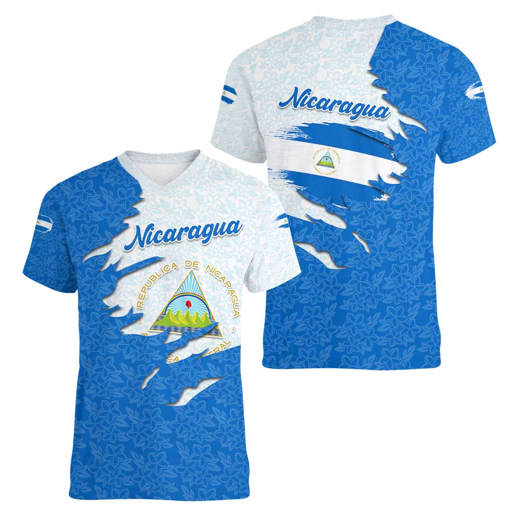 Nicaragua Flag Ripped Effect Women V-Neck T-Shirt with National Emblem and Floral Pattern Design - Wonder Print Shop