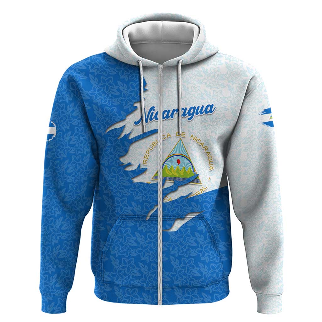 Nicaragua Flag Ripped Effect Zip Hoodie with National Emblem and Floral Pattern Design - Wonder Print Shop