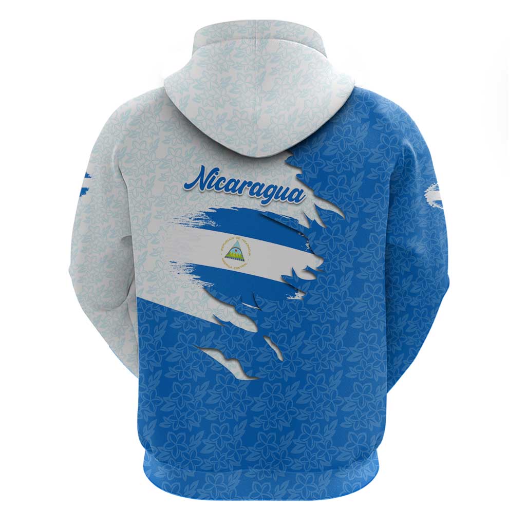 Nicaragua Flag Ripped Effect Zip Hoodie with National Emblem and Floral Pattern Design - Wonder Print Shop