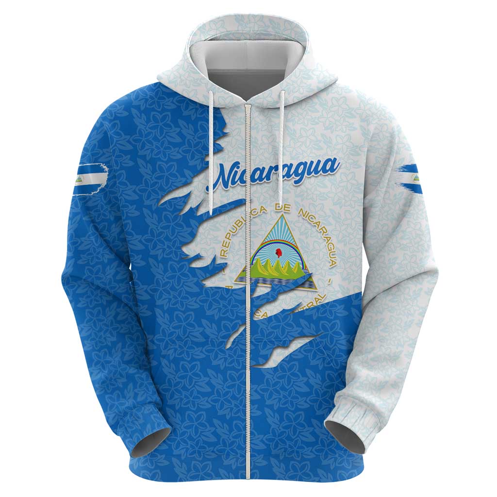 Nicaragua Flag Ripped Effect Zip Hoodie with National Emblem and Floral Pattern Design - Wonder Print Shop