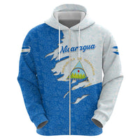 Nicaragua Flag Ripped Effect Zip Hoodie with National Emblem and Floral Pattern Design - Wonder Print Shop