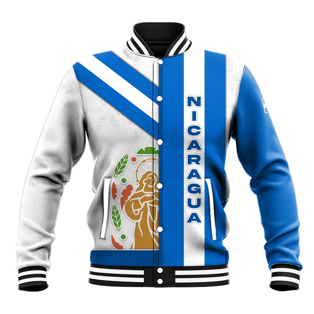 Nicaragua Cultural Art Baseball Jacket with Blue White Stripes and Indigenous Motif Design - Wonder Print Shop