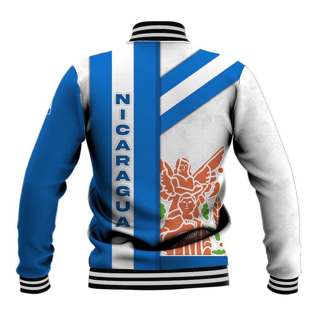 Nicaragua Cultural Art Baseball Jacket with Blue White Stripes and Indigenous Motif Design - Wonder Print Shop