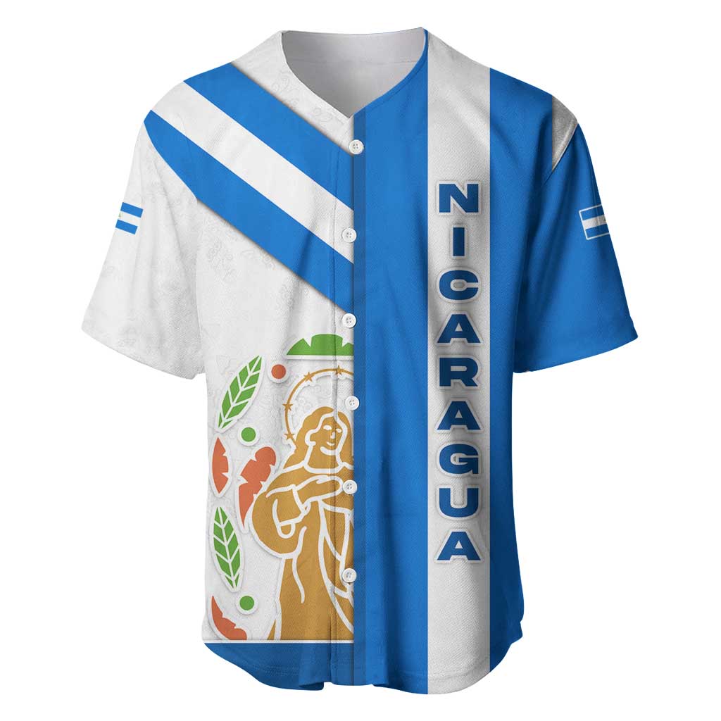 Nicaragua Cultural Art Baseball Jersey with Blue White Stripes and Indigenous Motif Design - Wonder Print Shop