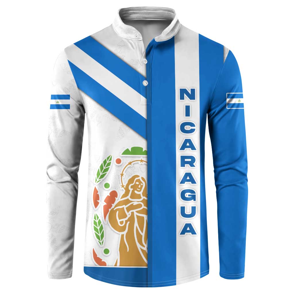 Nicaragua Cultural Art Button Sweatshirt with Blue White Stripes and Indigenous Motif Design - Wonder Print Shop