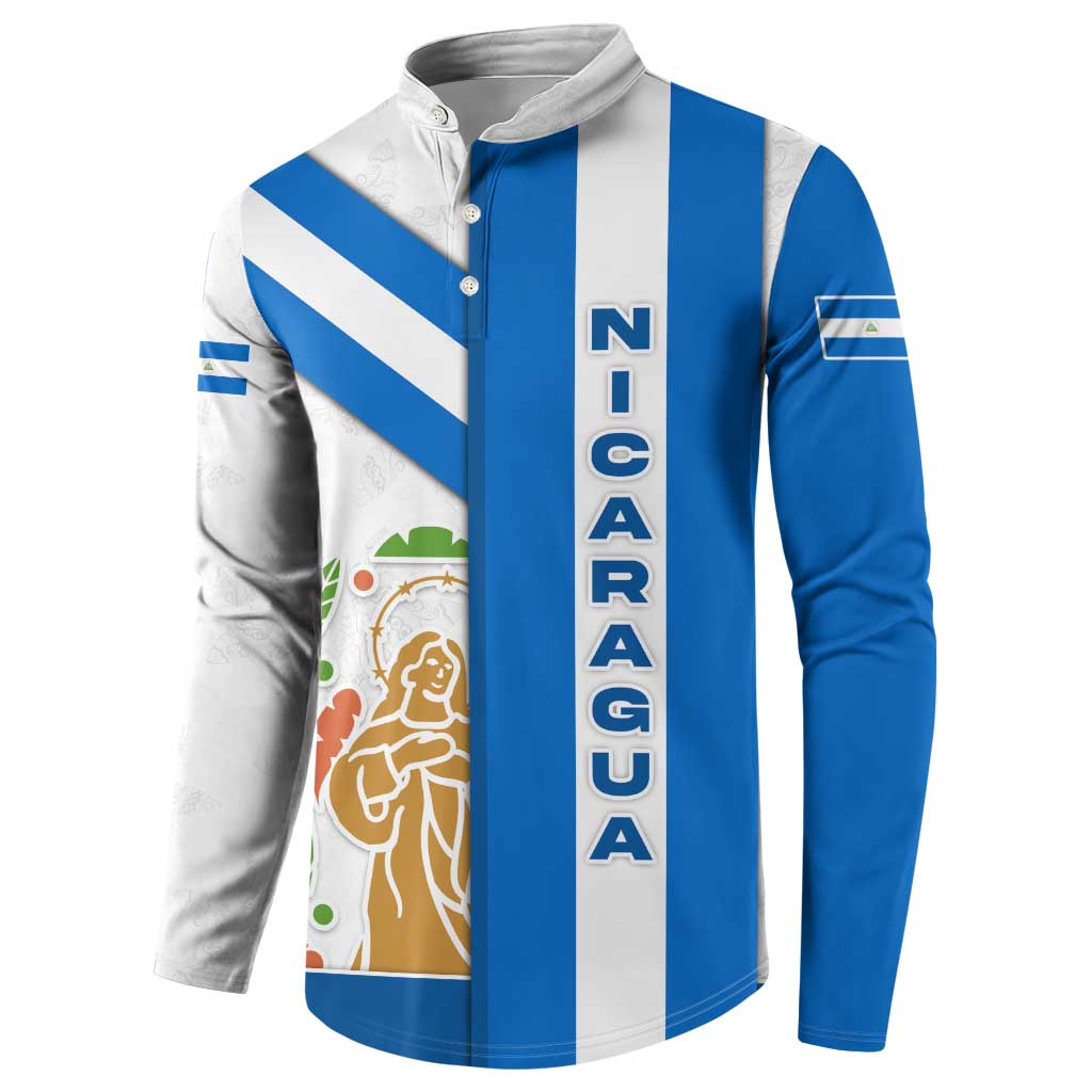 Nicaragua Cultural Art Button Sweatshirt with Blue White Stripes and Indigenous Motif Design - Wonder Print Shop