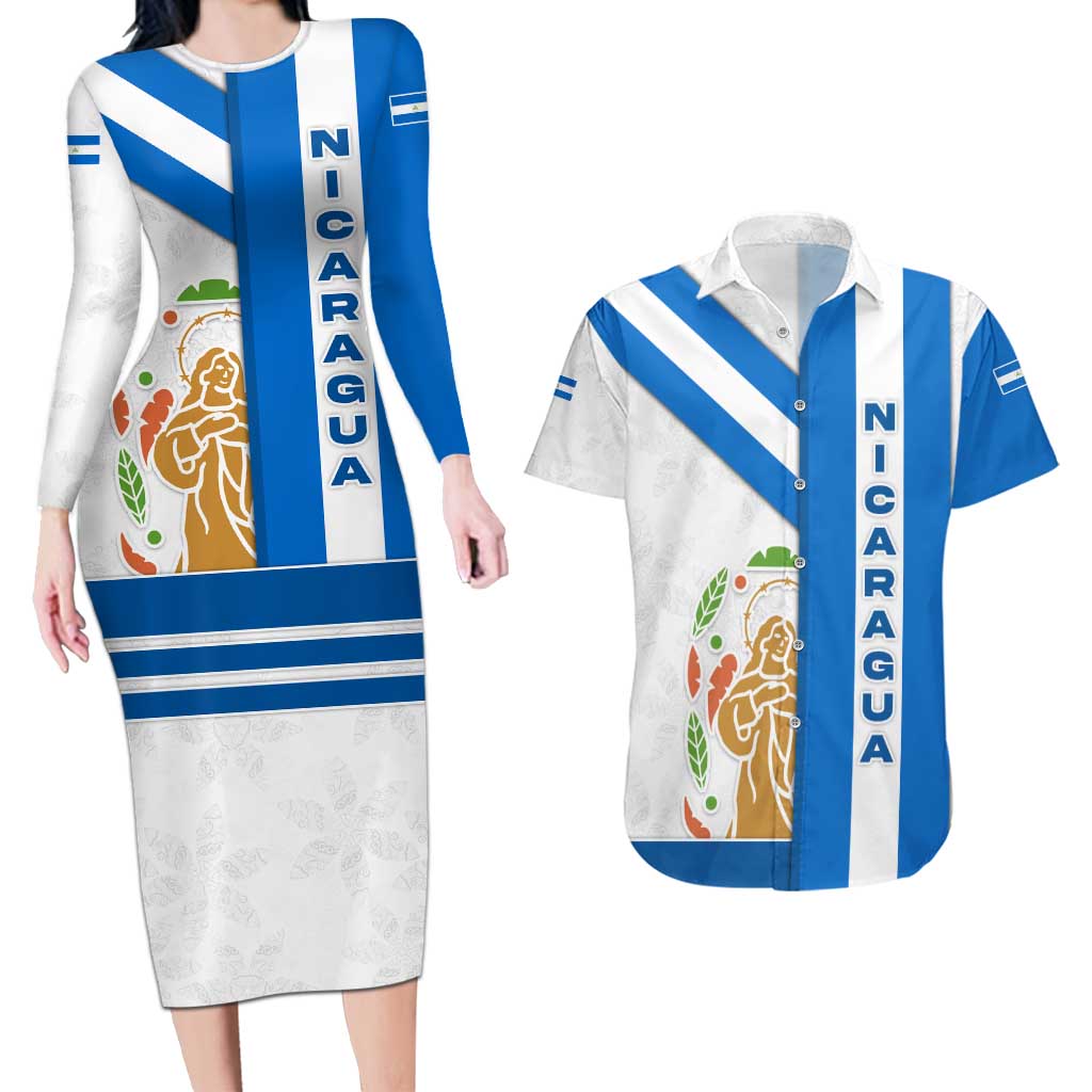Nicaragua Cultural Art Couples Matching Long Sleeve Bodycon Dress and Hawaiian Shirt with Blue White Stripes and Indigenous Motif Design - Wonder Print Shop