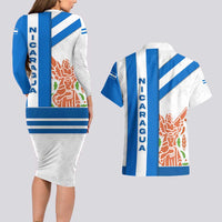 Nicaragua Cultural Art Couples Matching Long Sleeve Bodycon Dress and Hawaiian Shirt with Blue White Stripes and Indigenous Motif Design - Wonder Print Shop
