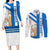 Nicaragua Cultural Art Couples Matching Long Sleeve Bodycon Dress and Long Sleeve Button Shirt with Blue White Stripes and Indigenous Motif Design - Wonder Print Shop
